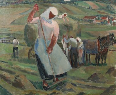 Albert Weisgerber, Feldarbeit, Heuernte, datiert 1913, moderne Gemälde