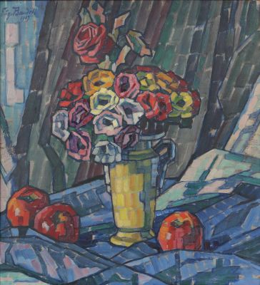 Eugenie Bandell, Stillleben mit Rosen und Äpfeln, Gemälde