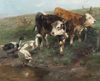 Anton Braith, 2 Jungbullen und 3 Enten, Gemälde