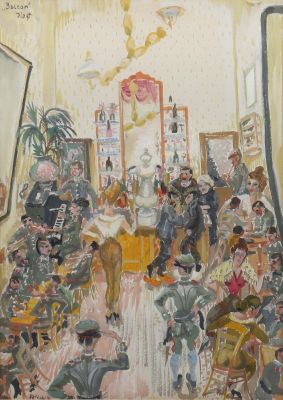 Reinhold Nägele. Cafe Balcon, datiert 1917, moderne Gemälde, moderne Grafik