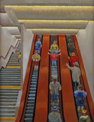 Reinhold Nägele, Subway Rolltreppe, New York, datiert 1960, moderne Gemälde, moderne Grafik