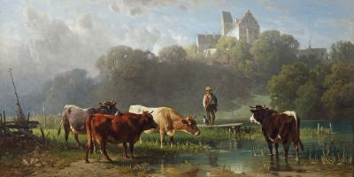 Friedrich Voltz, Kühe und ein Angler an einem Seeufer, Gemälde