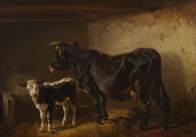 Friedrich Voltz, Kuh mit Kalb im Stall, Gemälde
