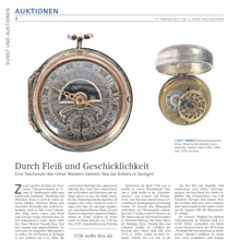 Die Kunst und Auktionen berichtet über die Versteigerung einer Taschenuhr des Ulmer Meisters Valentin Stos im Auktionshaus Yves Siebers in Stuttgart.