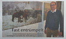 Zeitungsbericht über das Gemälde "Bei der Rast" von Józef Chelmonski, das im Auktionshaus Yves Siebers in Stuttgart versteigert wurde.
